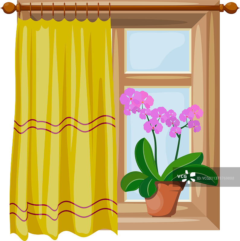 彩色图像卡通风格的窗帘窗户图片素材