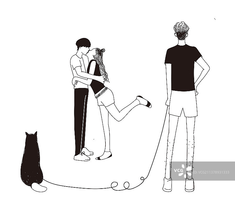 情人节情侣与单身狗幽默搞笑黑白矢量插画图片素材