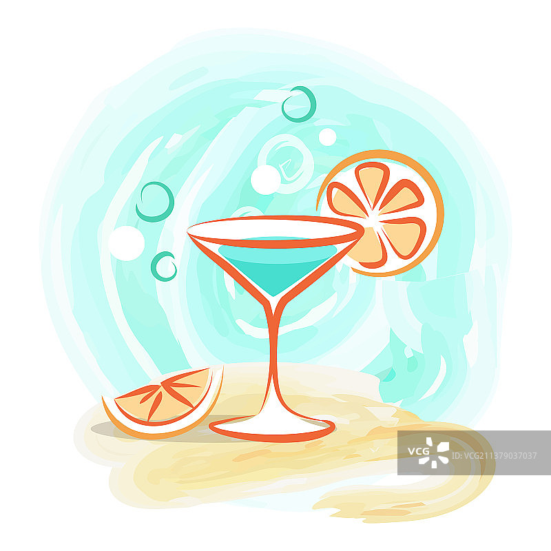 清爽的鸡尾酒配上沙滩上的橙子片图片素材