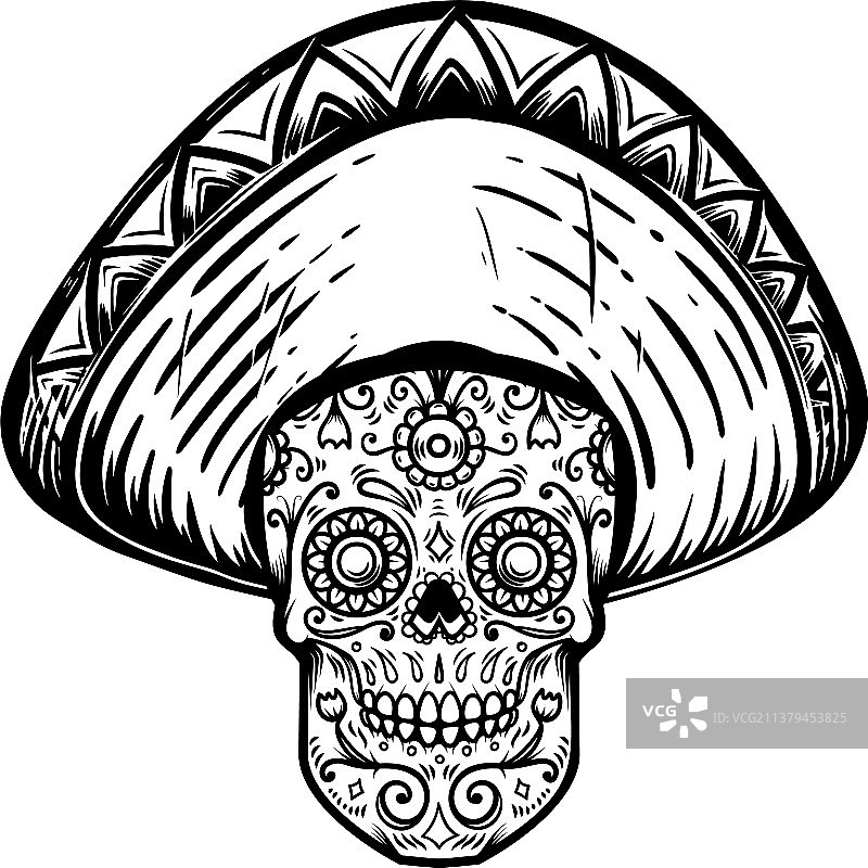 戴着墨西哥宽边帽的墨西哥糖骷髅头死了图片素材