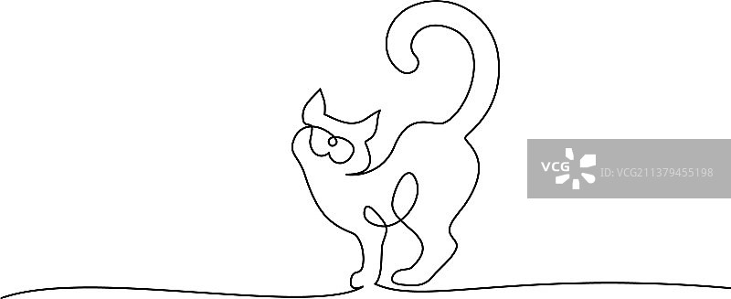 一条线画的猫站在卷曲的尾巴图片素材