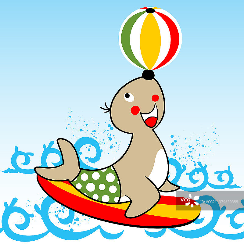 卡通海豹在冲浪板上玩球图片素材