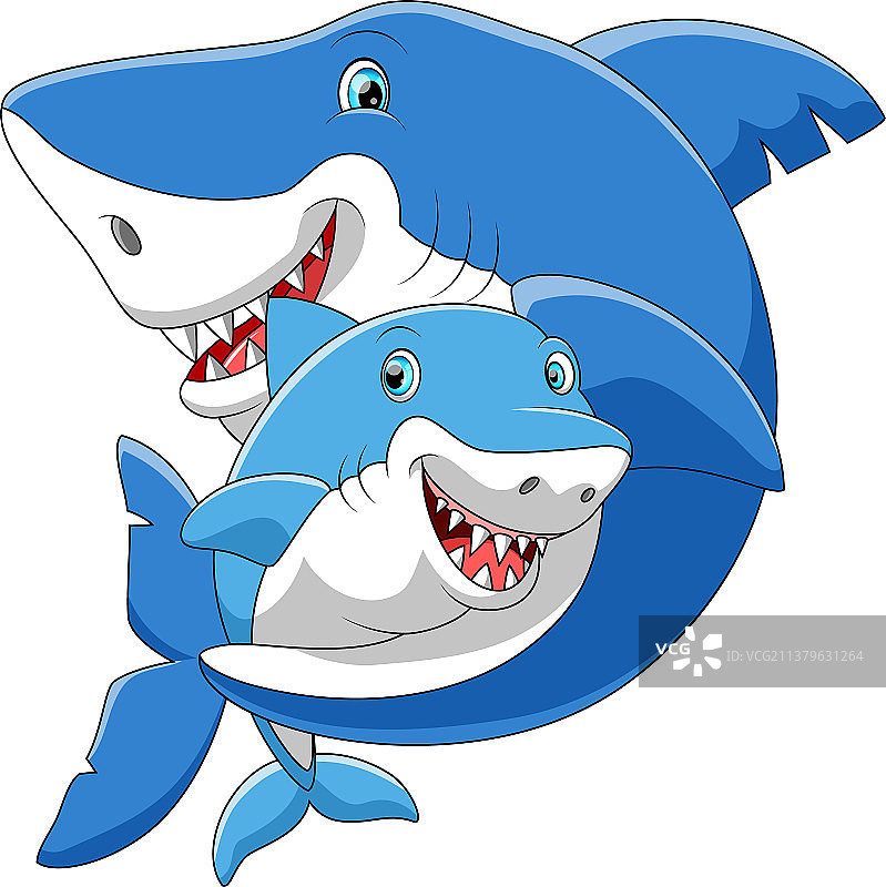 可爱的卡通家庭鲨鱼在一起玩图片素材