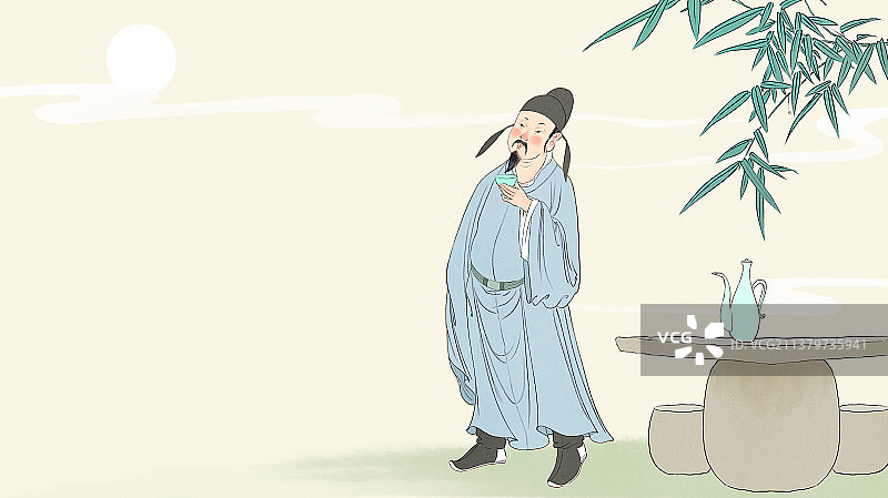 中秋节赏月喝酒的诗人李白图片素材