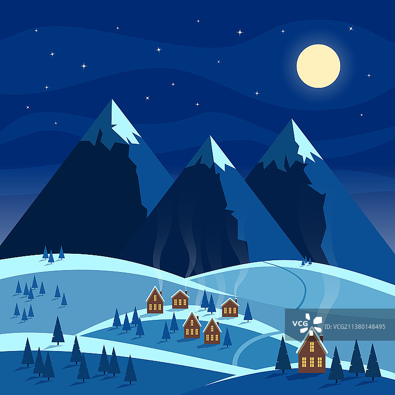 冬夜雪景伴月山图片素材