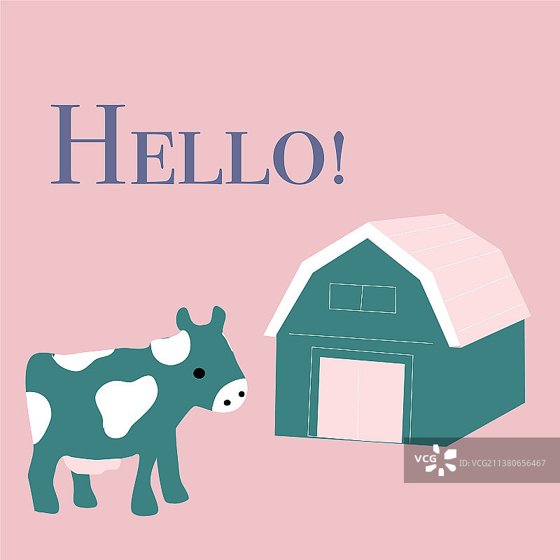 绿色和粉色可爱的奶牛和谷仓无缝连接图片素材