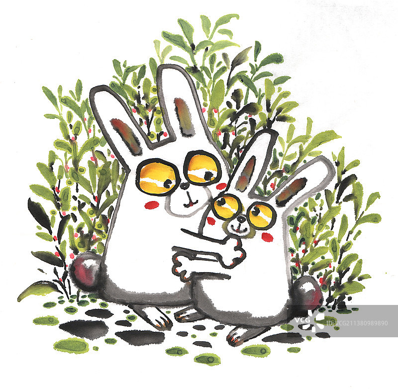 国画水墨插画 相互拥抱的兔子图片素材
