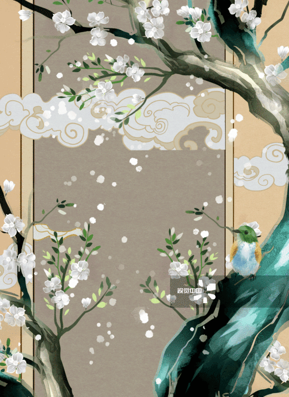 中国风水彩树杆花朵与鸟插画背景-GIF动图图片素材