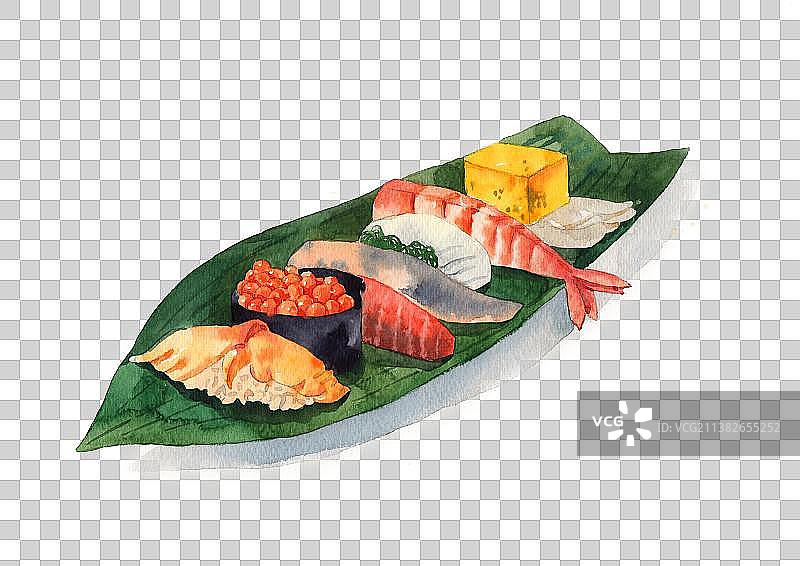 日料水彩手绘寿司厚蛋烧鱼子酱三文鱼料理插画图片素材