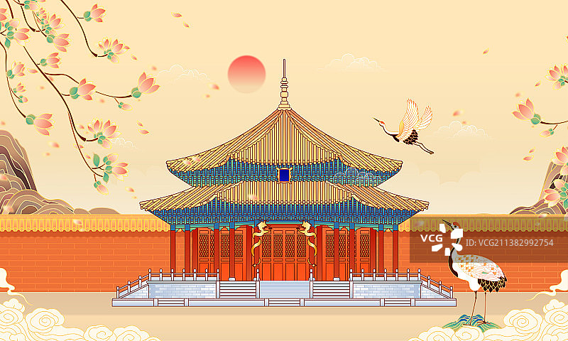 复古中国风沈阳故宫建筑插画图片素材