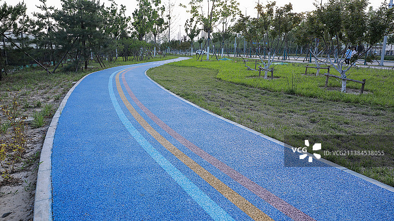 优美环境中一条蓝色的健康跑道延伸至远方地平线图片素材