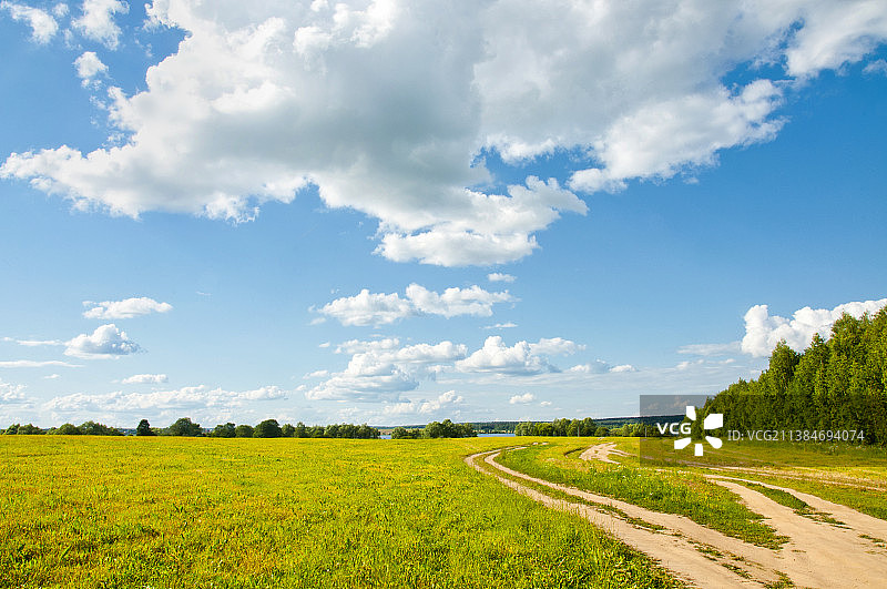 绿色的山谷，农田映衬着天空的风景图片素材