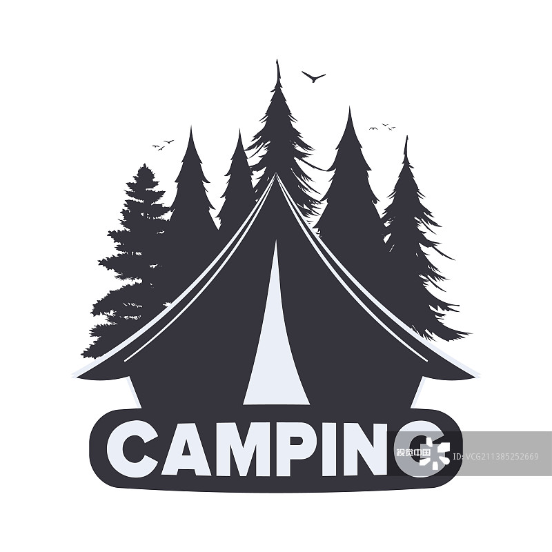 露营标志与帐篷和森林剪影图片素材
