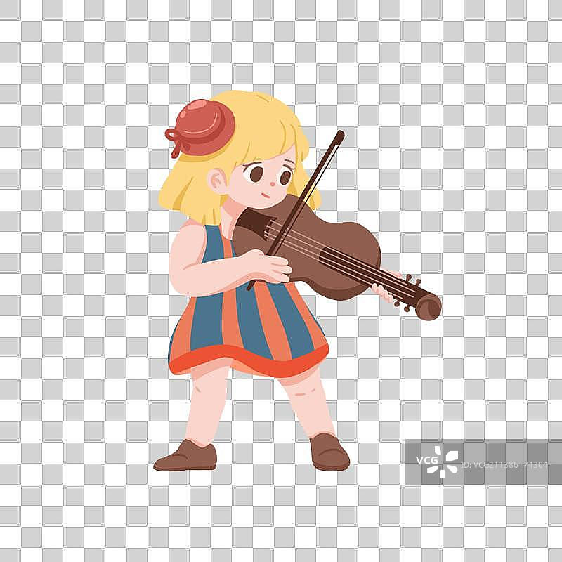 小女孩拉提琴扁平插画图片素材