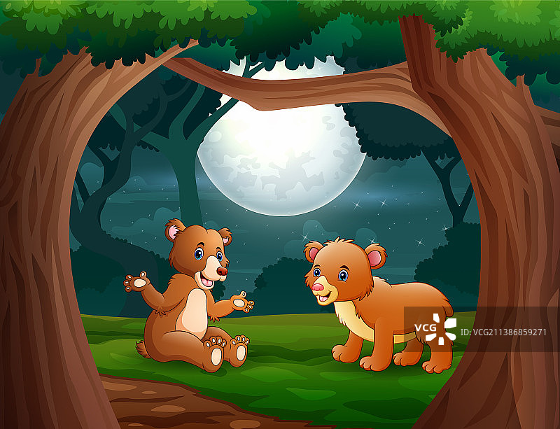 卡通两只熊晚上在丛林里图片素材