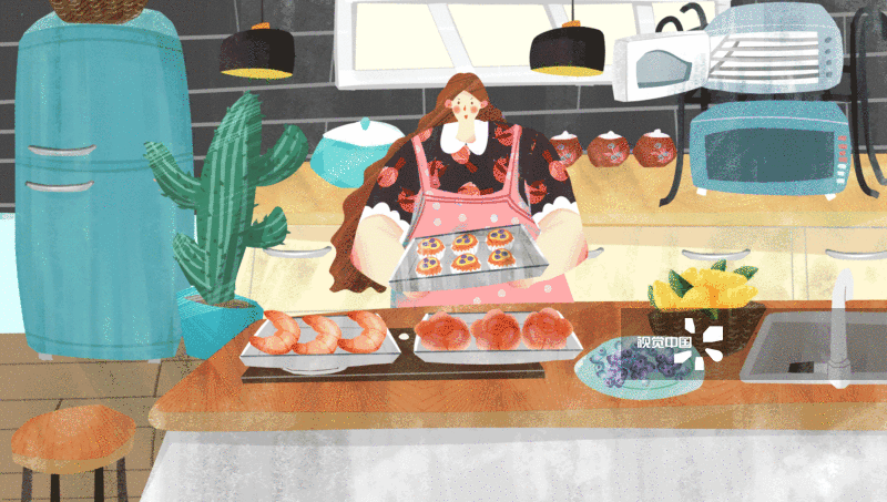女性在厨房做西点插画-GIF动图图片素材