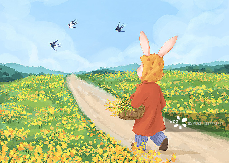 小兔的四季兔年小清新插画横版三月图片素材