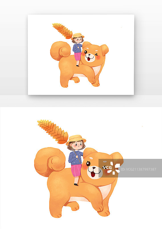 儿童坐在小狗身上手拿麦穗图片素材