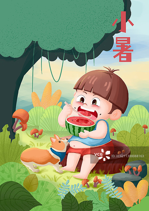 二十四节气小暑吃西瓜的男孩图片素材