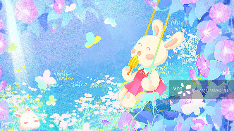 兔年六月牵牛花蝴蝶秋千小兔子系列插画图片素材