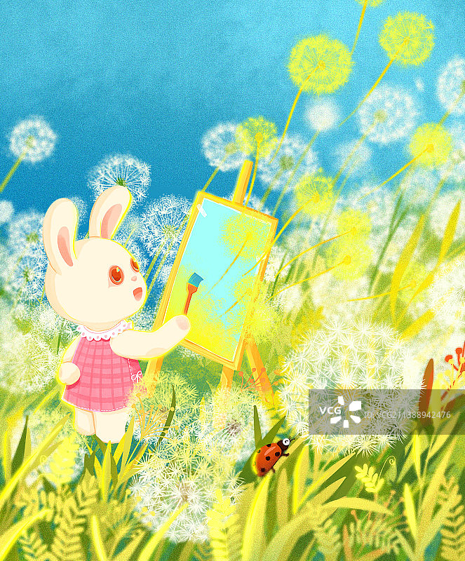 兔年九月风中蒲公英小兔子画板系列插画图片素材
