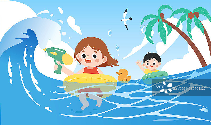 夏日清凉暑假儿童泳池游泳分层矢量插画图片素材