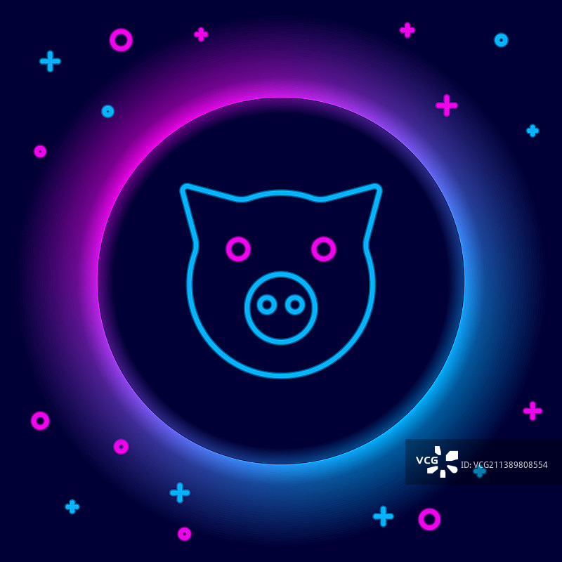发光的霓虹灯线猪图标孤立在黑色图片素材