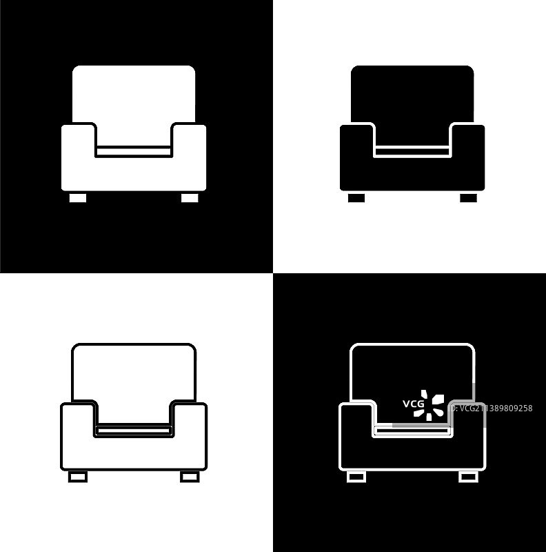 设置扶手椅图标孤立的黑色和白色图片素材