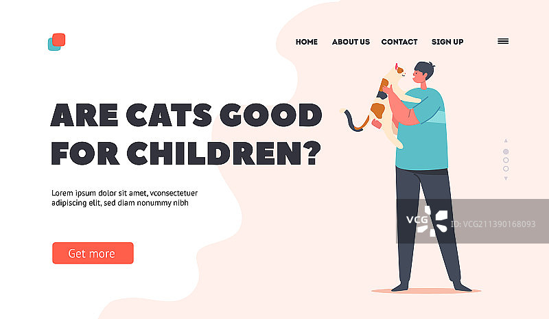 孩子拥抱和抱有趣的猫登陆页面模板图片素材