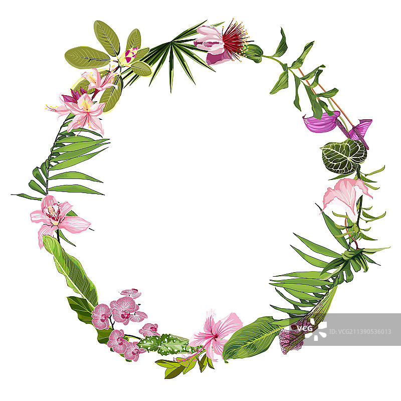 花环用绿色的热带树叶和粉红色的花图片素材