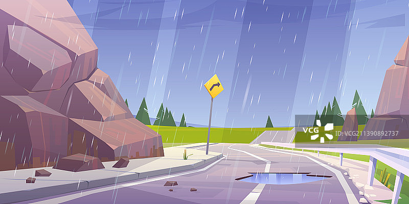 汽车路的岩石和雨中的绿色田野图片素材