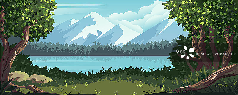山地景观卡通自然场景全景图片素材
