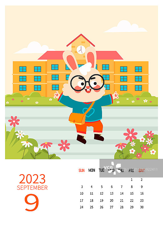 2023年兔年日历9月插画模板图片素材