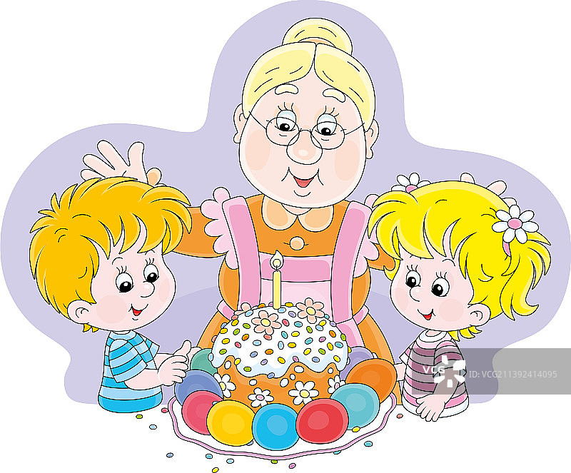 快乐的奶奶和孩子们和复活节蛋糕图片素材