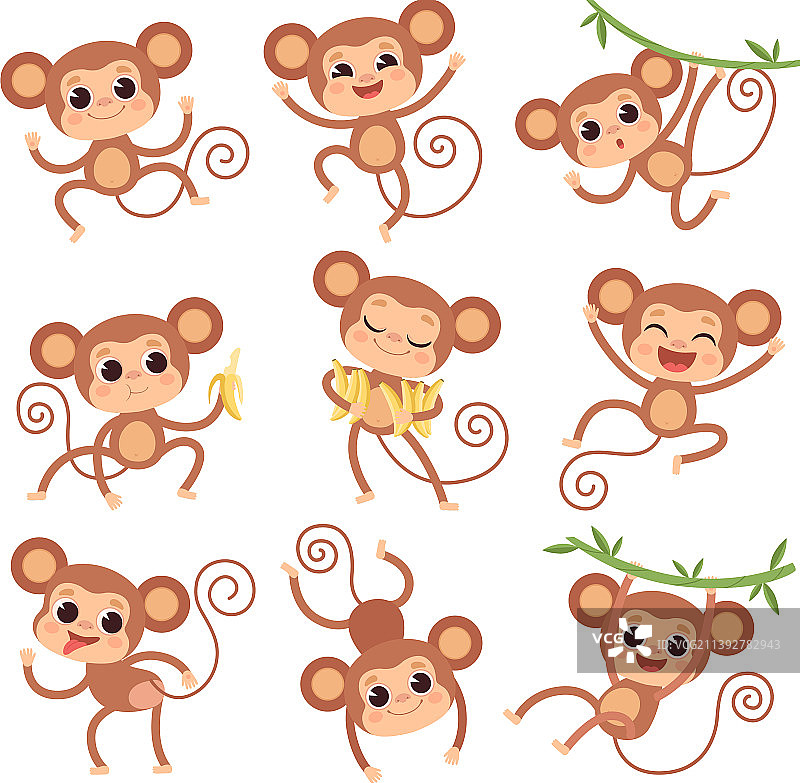 小猴子野生卡通动物玩耍和图片素材