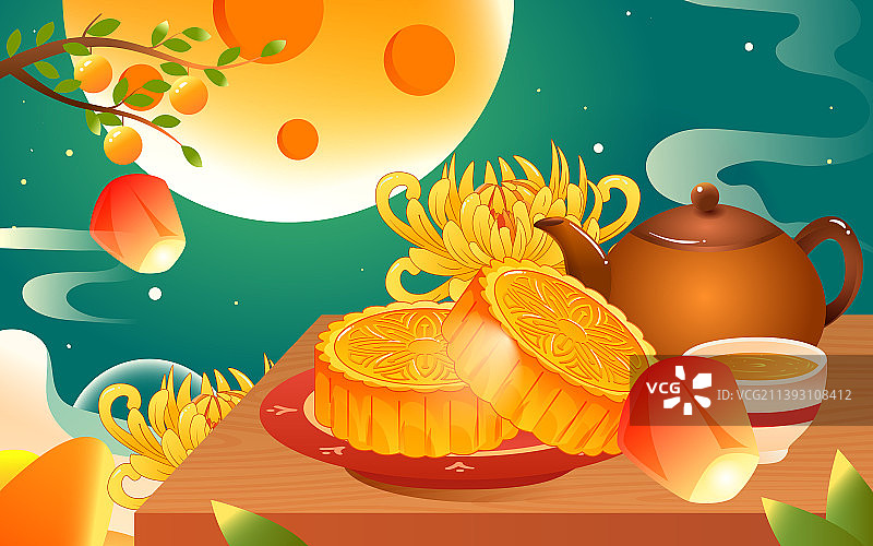 八月十五中秋节传统吃月饼节日美食国潮插画图片素材