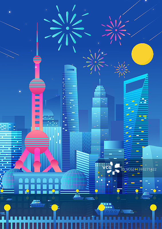 上海城市建筑夜景扁平矢量插画图片素材