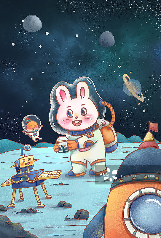 在月球取土的宇宙兔子插画图片素材
