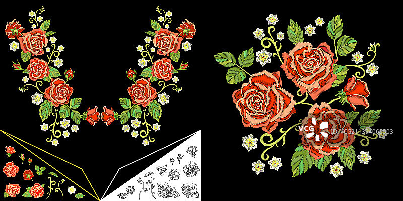 刺绣玫瑰和雏菊花图片素材