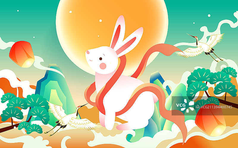 中秋节玉兔望月传统节日神话传说中国风插画图片素材