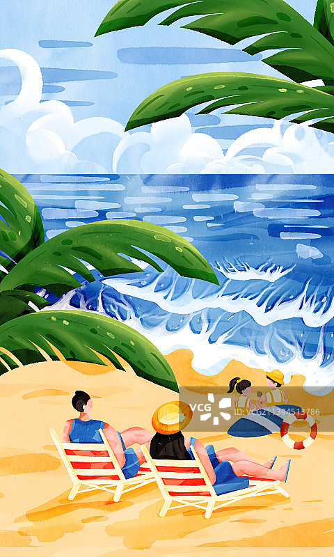 竖版一家人海边度假插画图片素材