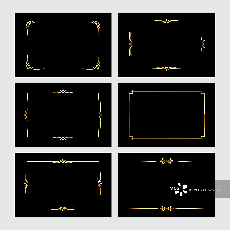 金色闪亮的复古框架设置孤立的黑色图片素材