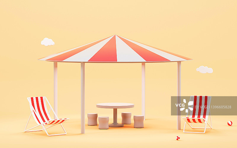 凉亭与休闲沙滩椅三维渲染图片素材