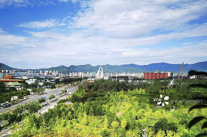 高角度的城市景观对天空，石景山区，北京，中国图片素材