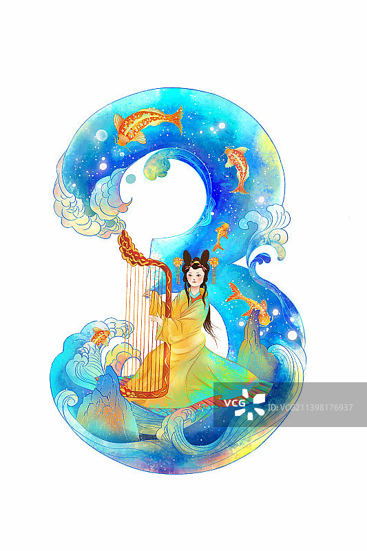 中国古代仕女坐在海浪木筏上弹竖箜篌插画 台历字体设计国潮插画图片素材