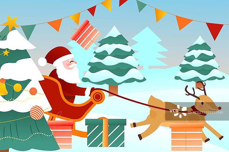 圣诞节圣诞日雪橇圣诞老人礼物活动促销户外滑冰大雪小雪冬天扁平矢量插画图片素材