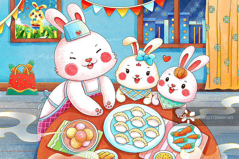 手绘水彩兔兔吃水饺插画图片素材