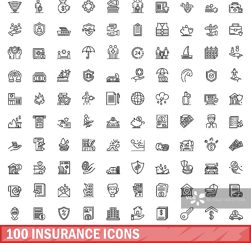 100个保险图标设定轮廓风格图片素材