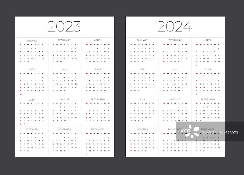 日历网格为2023年和2024年简单图片素材