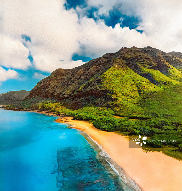 夏威夷，美国，天空衬托下的海和山的风景图片素材